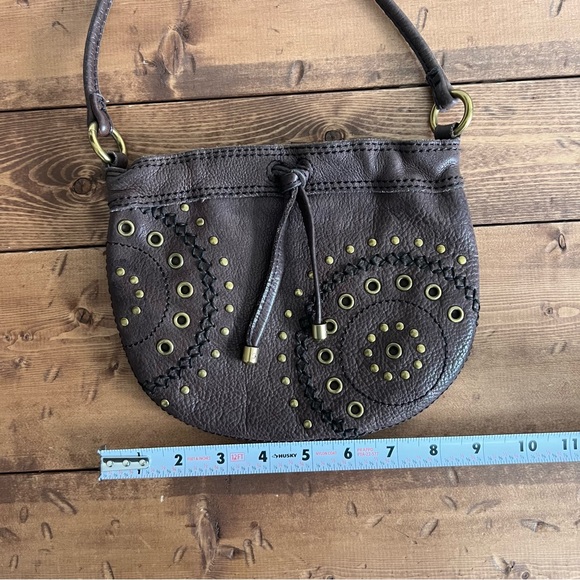 Fossil Small Brown Leather Crossbody Embellished Studded Purse Boho Festival Bag - Picture 12 of 15